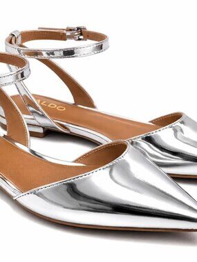 ALDO Silver Metallic Pointed Toe Ankle Strap Flats Size 6 Mirror Chrome D'Orsay